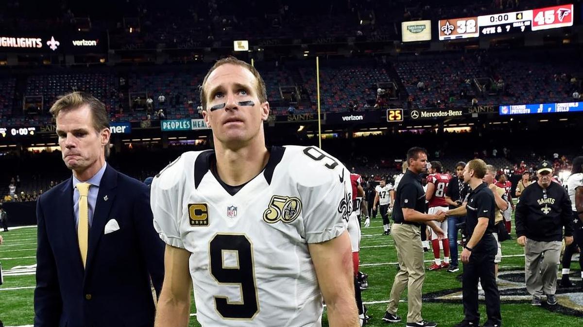 New Orleans Saints quarterback Drew Brees (9) walks off the field after facing the Atlanta Falcons in New Orleans, Monday.