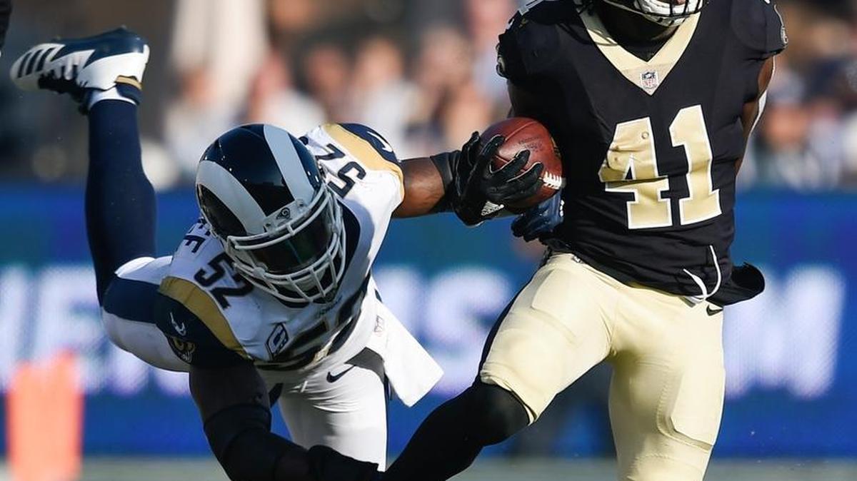 New Orleans Saints running back Alvin Kamara, right, runs past Los Angeles Rams linebacker Alec Ogletree. Kamara, who was named to the Pro Bowl this week, was knocked out of the first meeting with the Atlanta Falcons on Dec. 7 with a concussion on the first series of the game and looking forward to playing in the rematch. The Saints play the Falcons on Sunday.