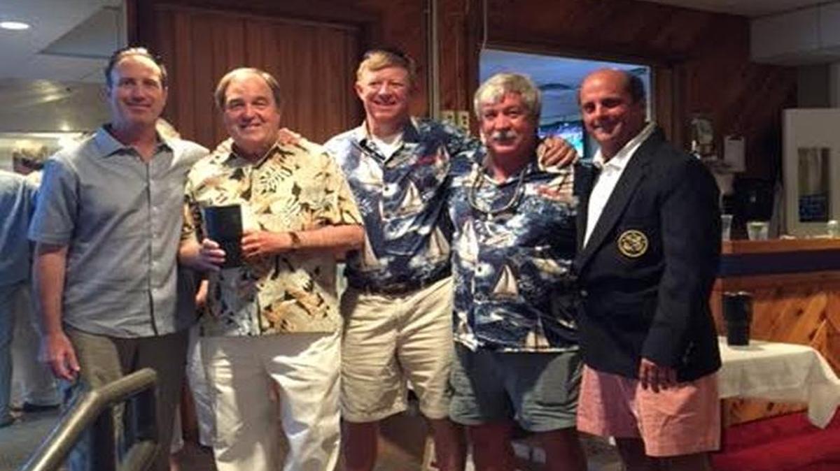 Fidelis II takes First Place in Cruising Division A at the Gulfport to Pensacola sailing race. Team members (left to right): Manning Montagnet, Steve Montagnet, Gene Smith, Dave Bolyard and SYC Commodore Scotty Sonier. Not pictured: Ted Diaz, William Diaz, John Marshall and Jay Williams.