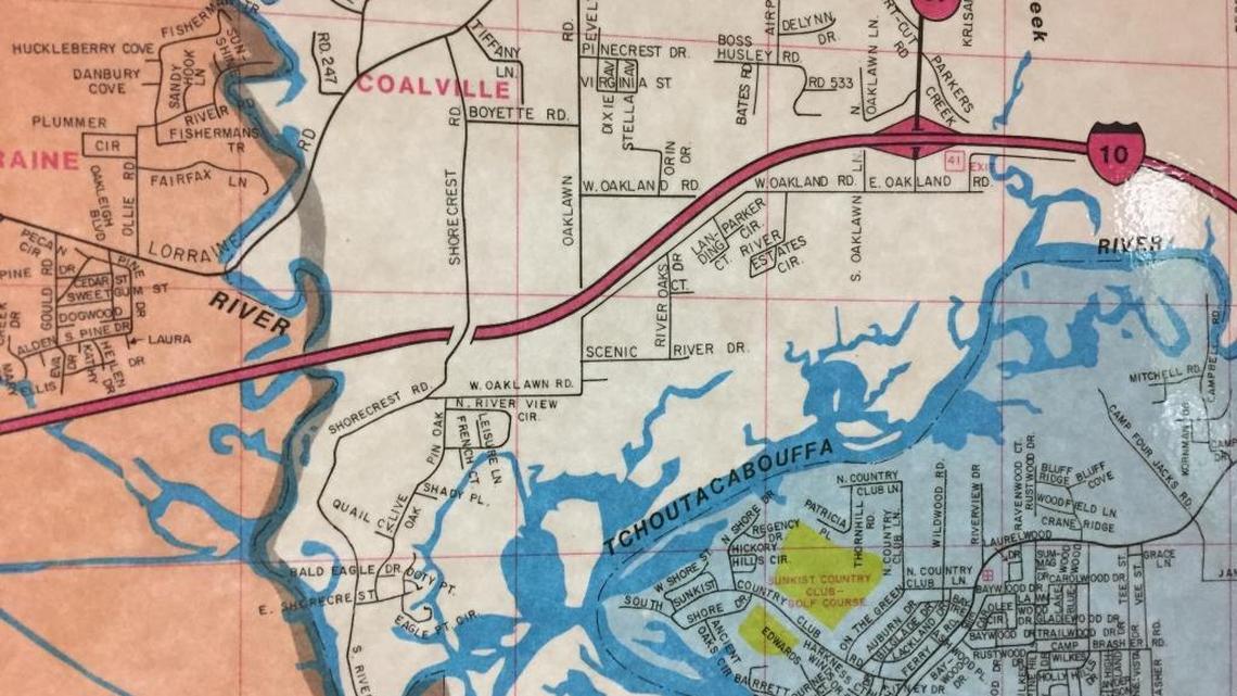 A 1995 map distributed by Universal Map hanging in a Sun Herald news office shows the distinction between the Tchoutacabouffa River and the Biloxi River. Google Maps does not make the distinction.