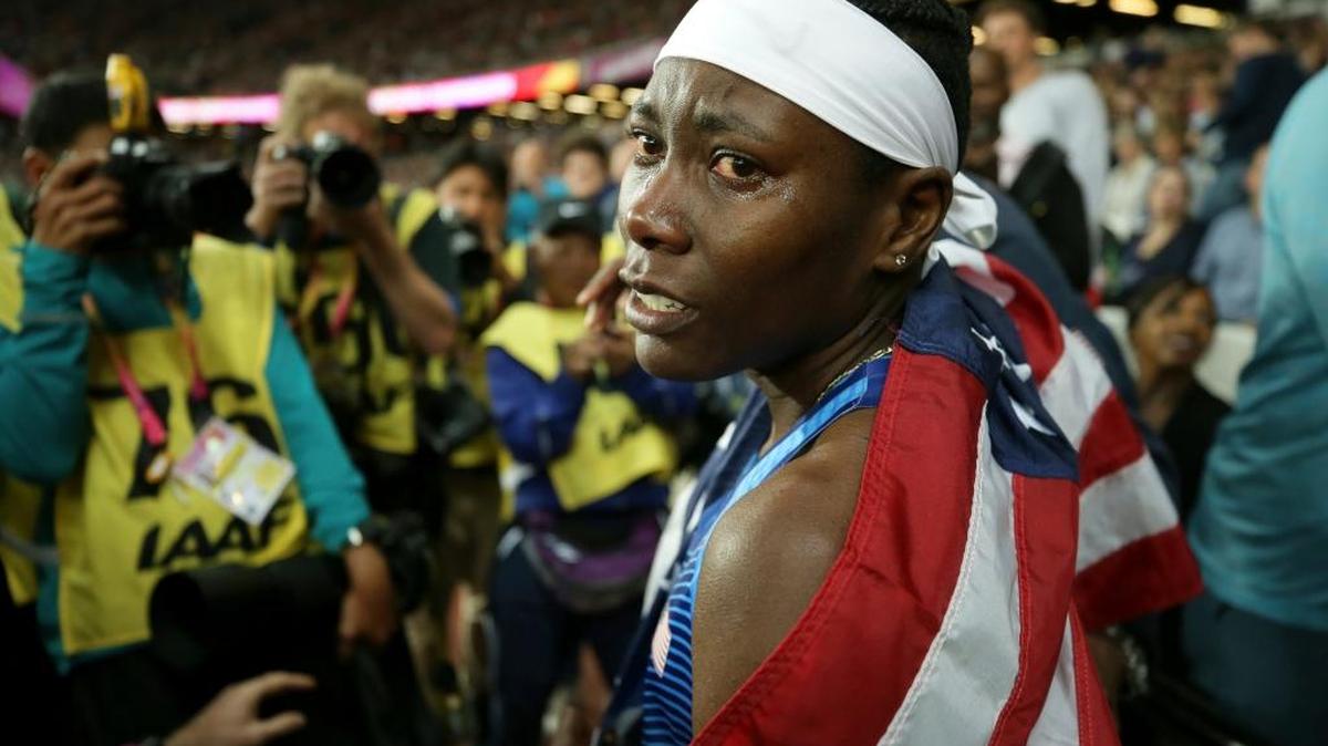 United States' Brittney Reese after winning the women's long jump final during the World Athletics Championships in London Friday, Aug. 11, 2017.