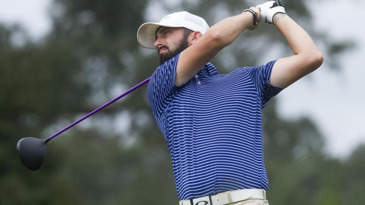 Tim McCabe tees off while competing in the final round of the 40th annual Slavic Invitational in 2014 at Fallen Oak Golf Course.