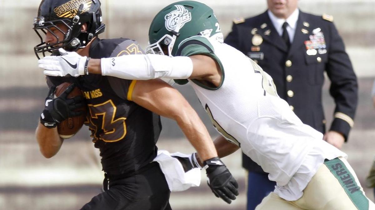 Southern Miss receiver Chase Whitehead scores a touchdown against Charlotte in Hattiesburg, Saturday on Nov. 5