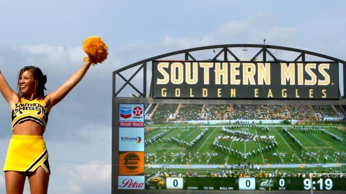 Southern Miss cheerleaders get the crowd cheering prior to a game at Roberts Stadium in Hattiesburg on Nov. 5.