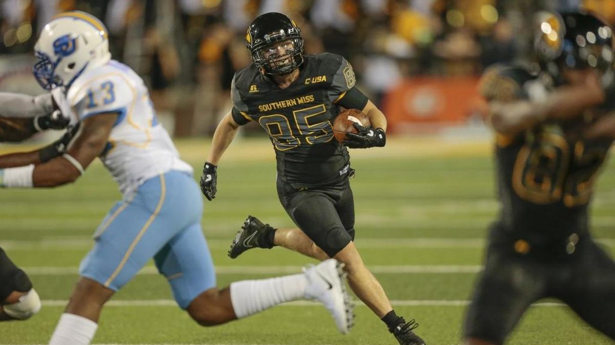 Southern Miss Golden Eagles wide receiver Ben Olinger (85) carries during the game between Southern Miss and Southern University at Roberts Stadium on Sept. 9 in Hattiesburg.