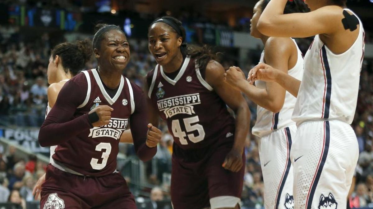 Mississippi State forward Breanna Richardson (3) celebrates her made shot and foul with center Chinwe Okorie (45) in Dallas on Friday.