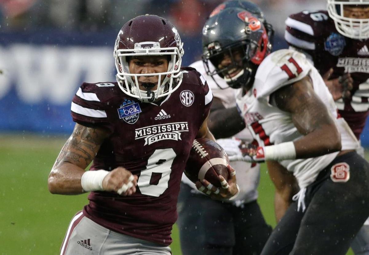Mississippi State wide receiver Fred Ross (8) runs for a touchdown against North Carolina State in the first half of the Belk Bowl NCAA college football game in Charlotte, N.C., Wednesday, Dec. 30, 2015.