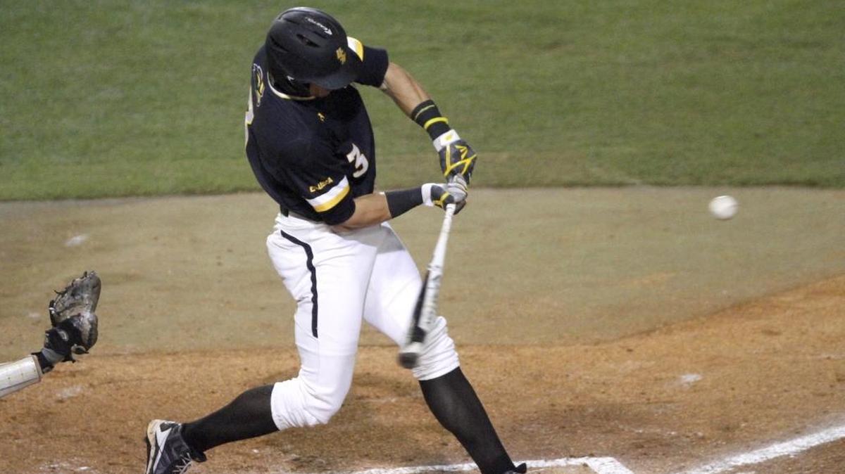 Daniel Keating of Southern Miss takes a swing at a Mississippi State pitch during Hattiesburg Regional Tournament, Monday, June 5, 2017.