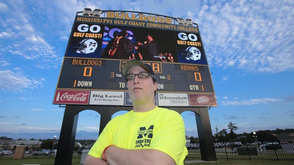 Jeremy Forehand watches the Bulldogs warm up before the game between Itawamba Community College and Mississippi Gulf Coast Community College at A.L. May Memorial Stadium, Perkinston, Thursday, August 31, 2017. Forehand, who is a D’Iberville native, is currently undergoing cancer treatment.
