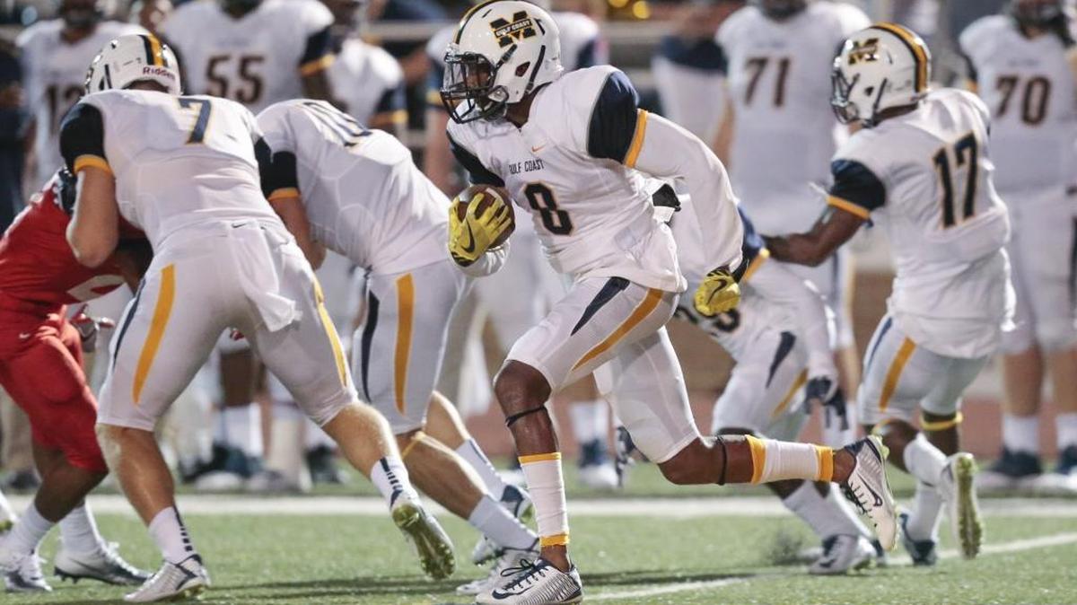 Mississippi Gulf Coast Community College defensive back Saivion Smith (8) returns a kickoff against Itawamba at A.L. May Memorial Stadium, Perkinston, Thursday, August 31, 2017