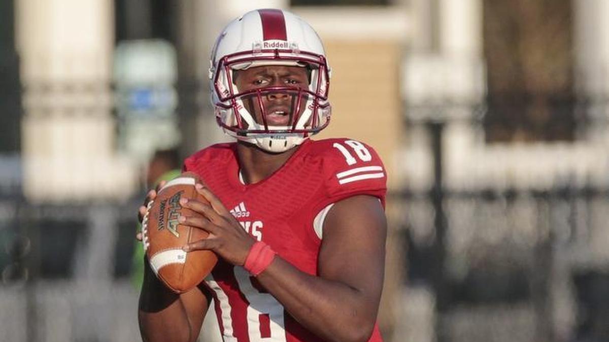East Mississippi Community College Lions Lindsey Scott Jr drops back to pass during the Mississippi Bowl at A.L. May Memorial Stadium, in Perkinston, Sunday. The former LSU quarterback has multiple schools recruiting him, including Tulane, Kansas and others.