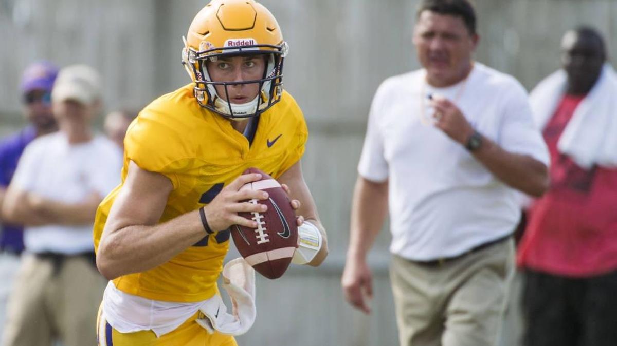 LSU quarterback Myles Brennan during practice on Aug. 5, 2017.