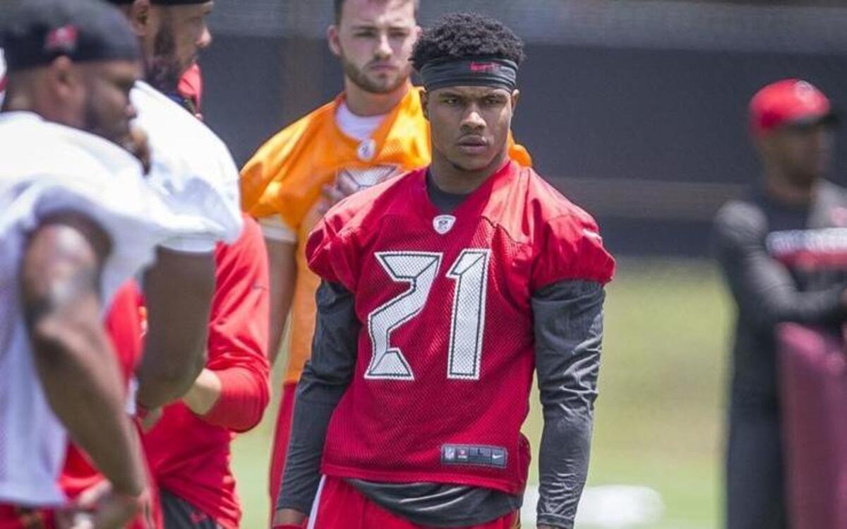 Tampa Bay Buccaneers safety Justin Evans (21) participates in drills during rookie minicamp Friday at the team's practice facility in Tampa, Florida. Evans was a standout at Stone High and Mississippi Gulf Coast Community College before transferring to Texas A&M.