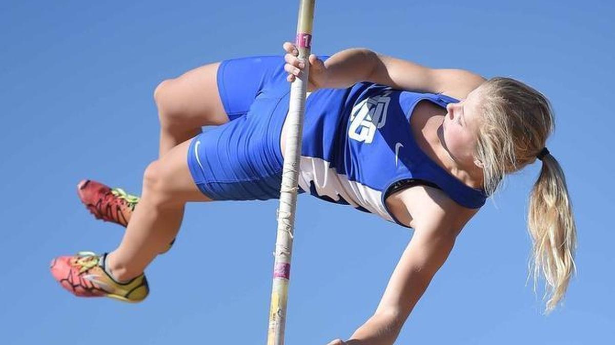 Ocean Springs' Emma Hunt clears the bar in the Class 6A pole vault on Saturday, May 6, 2017, in the MHSAA Class 2A 4A 6A State Track Meet at Pearl High School in Pearl. Hunt recently signed with Mississippi State.