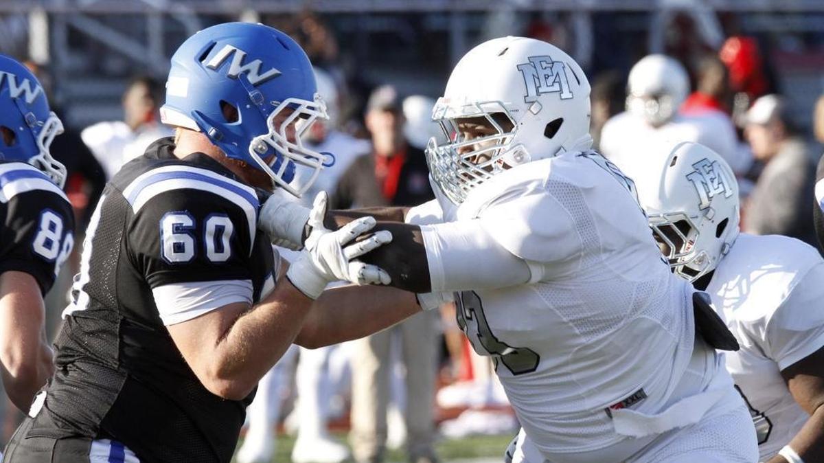 East Mississippi defensive lineman D. J. Jones battles Iowa Western's Zac Gillis during first half at Mississippi Bowl, Sunday, Dec. 7, 2014. EMCC is back in the Mississippi Bowl this season. The Lions will face Arizona Western on Sunday at A.L. May Memorial Stadium on the campus of Mississippi Gulf Coast Community College.