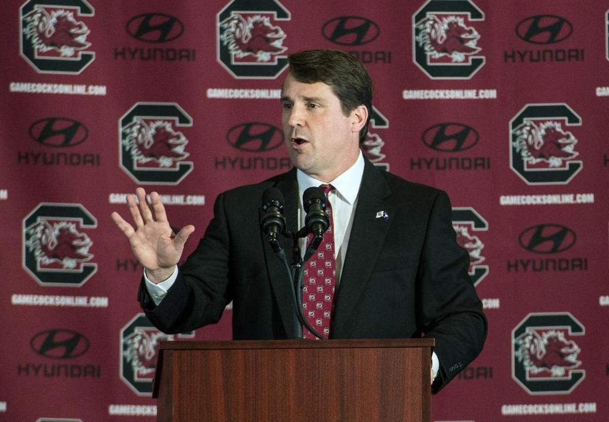 FILE - In this Dec. 7, 2015 file photo, New South Carolina head football coach Will Muschamp speaks with the media at Williams Brice Stadium in Columbia, S.C. The Southeastern Conference Eastern Division’s new look added more intrigue than usual to spring practice. Three of the division’s seven teams - Georgia, Missouri and South Carolina - are breaking in new head coaches.
