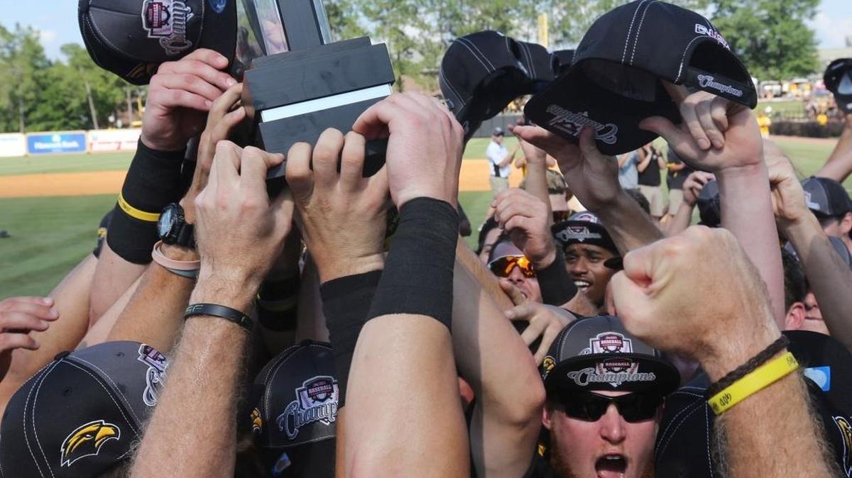 Southern Miss players celebrate winning the C-USA championship game over Rice on May 29, 2016, at Pete Taylor Park in Hattiesburg.