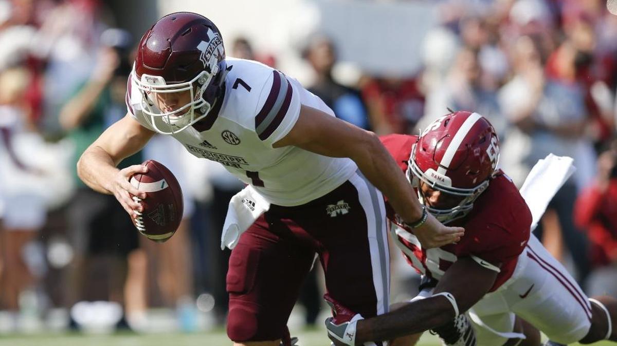 Alabama linebacker Tim Williams, right, sacks Mississippi State quarterback Nick Fitzgerald during the first half of an NCAA college football game, Saturday, Nov. 12, 2016, in Tuscaloosa, Ala. Can MSU pull off the rare upset of Alabama on Saturday?