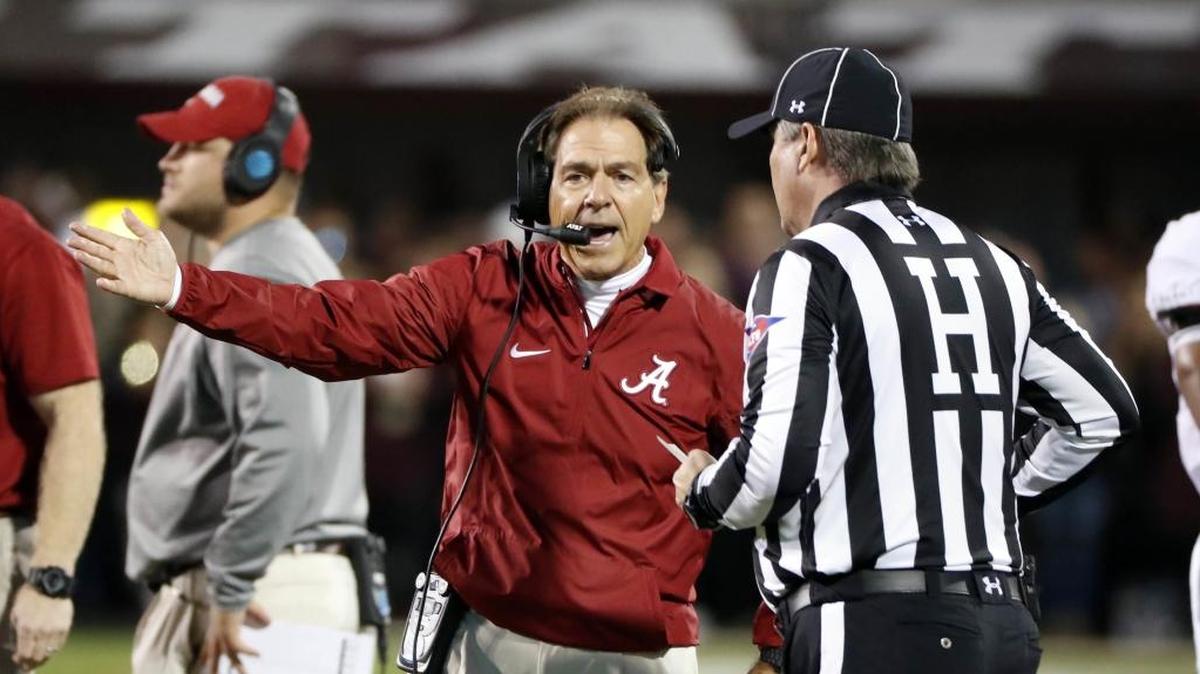 Alabama head coach Nick Saban reacts at a referee during the second half of an NCAA college football game against Mississippi State in Starkville, Miss., Saturday, Nov. 11, 2017. Alabama won 31-24. Saban’s Crimson Tide is shorthanded at linebacker due to a number of injuries. The thinning group could impact the team’s College Football Playoff hopes.