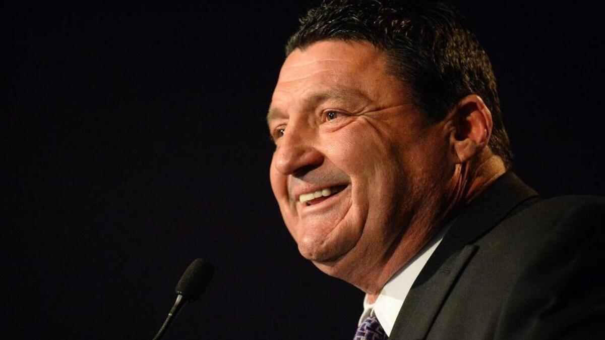 FILE - In this Jan. 14, 2015, file photo, LSU defensive line coach Ed Orgeron speaks during a news conference in Baton Rouge, La. Orgeron says that as a Louisiana native, it is a dream to have the opportunity to be LSU’s head coach. He was formally introduced as Les Miles’ interim replacement on Monday, Sept. 26, 2016.