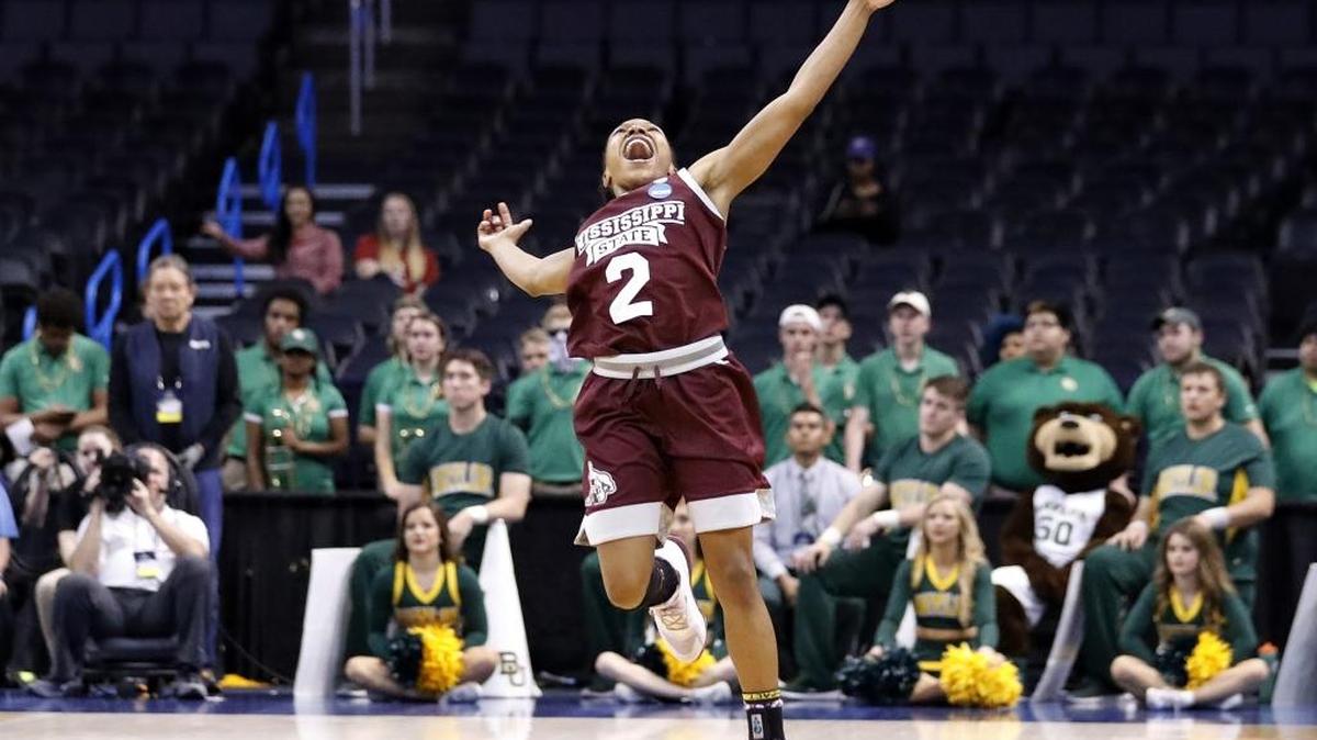 Mississippi State's Morgan William (2) celebrates at the conclusion of the regional final of the Women’s NCAA Tournament against Baylor, Sunday, in Oklahoma City. Mississippi State won 94-85.