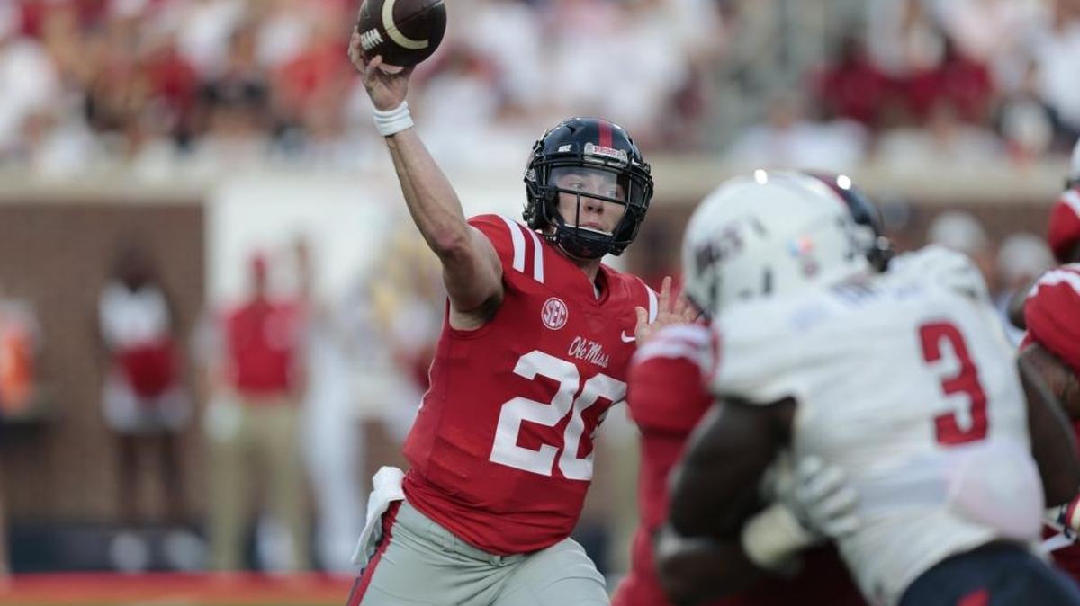 Ole Miss quarterback Shea Patterson (20) passes in the red zone during the game between the Rebels and South Alabama at Vaught-Hemingway Stadium, in Oxford, Saturday.