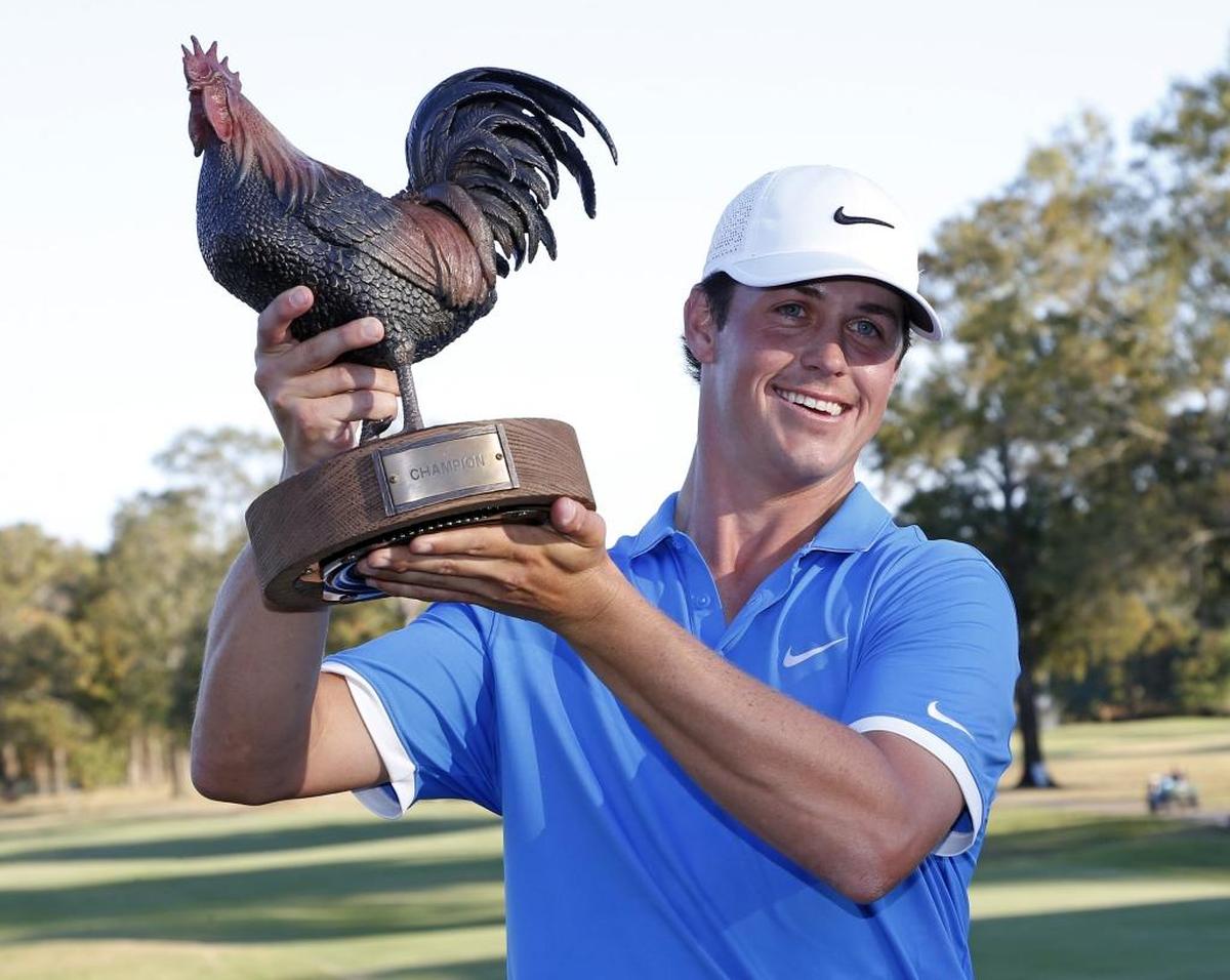 Cody Gribble hoisted the Sanderson Farms Championship golf tournament trophy in 2016.