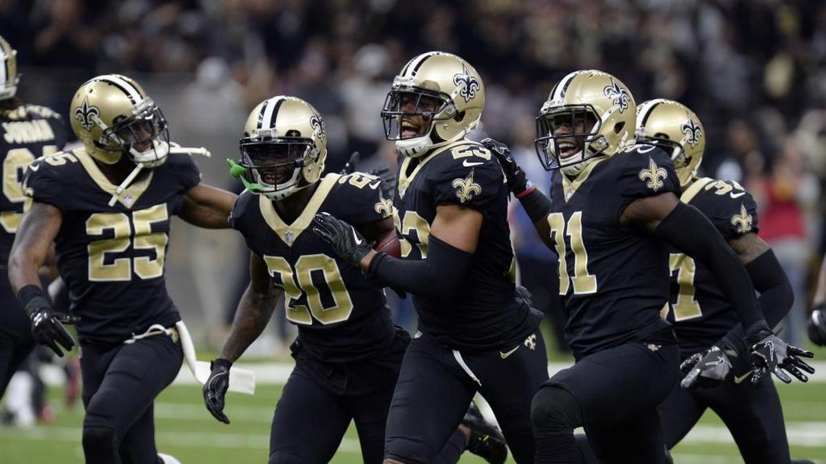 New Orleans Saints cornerback Marshon Lattimore (23) celebrates an inception against the Atlanta Falcons with teammates in New Orleans, Sunday, Dec. 24, 2017. Lattimore has been a big reason for the Saints’ bounce back season.