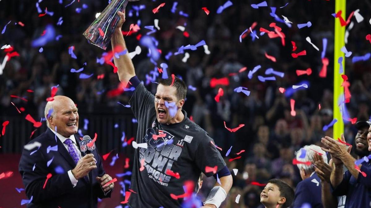 New England Patriots quarterback Tom Brady (12) holds up the Vince Lombardi Trophy during the post-game ceremony for Super Bowl LI after the New England Patriots defeated the Atlanta Falcons 34-28 in overtime on Sunday, Feb. 5, 2017 at NRG Stadium in Houston, Texas.