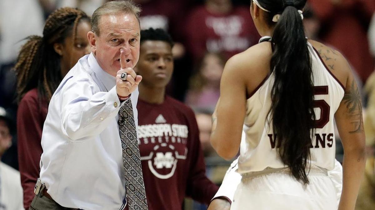 Mississippi State head coach Vic Schaefer talks to guard Victoria Vivians (35) in the second half of the NCAA college basketball championship game between Mississippi State and South Carolina at the women's Southeastern Conference tournament Sunday, March 4, 2018, in Nashville, Tenn.