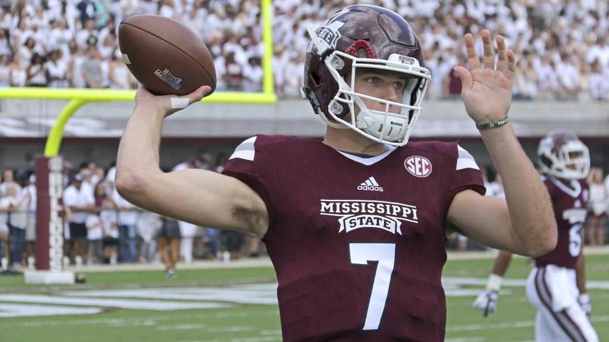 Mississippi State quarterback Nick Fitzgerald (7) throws a pass during pregame warmups before their NCAA college football game against Charleston Southern in Starkville, Saturday, Sept. 2, 2017.