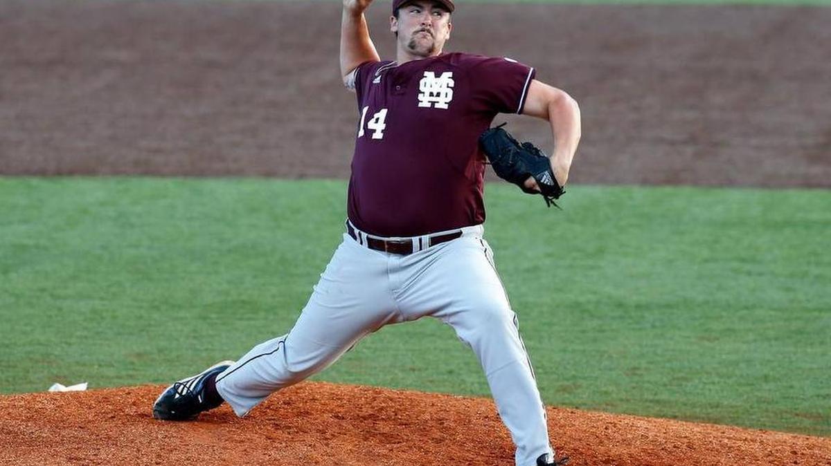 Mississippi State pitcher Jonathan Holder pitches in Lafayette, La., Saturday, May 31, 2014. Holder will speak at Ohr-O’Keefe Museum of Art at noon Friday.