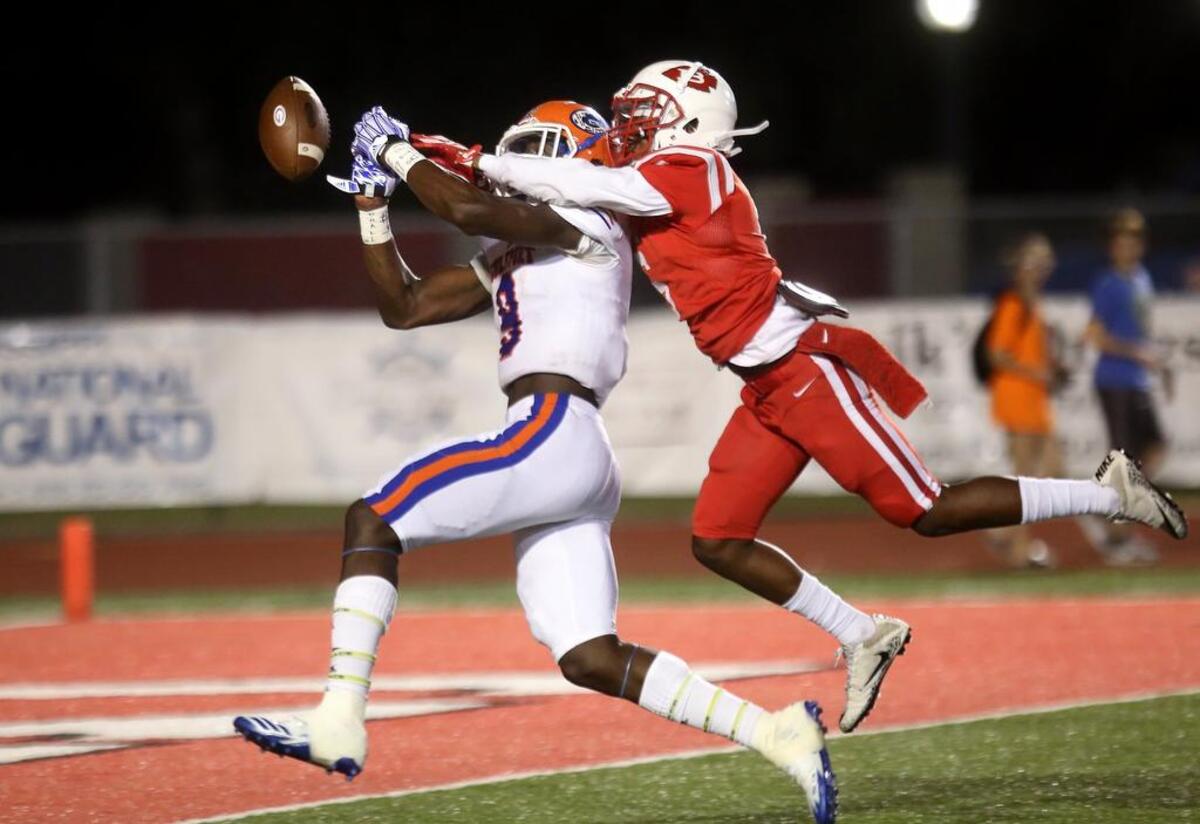 Biloxi cornerback Riko Carter breaks up a pass intended for Gulfport wide receiver Derick Hall on  Nov. 3, 2017, at Biloxi High.